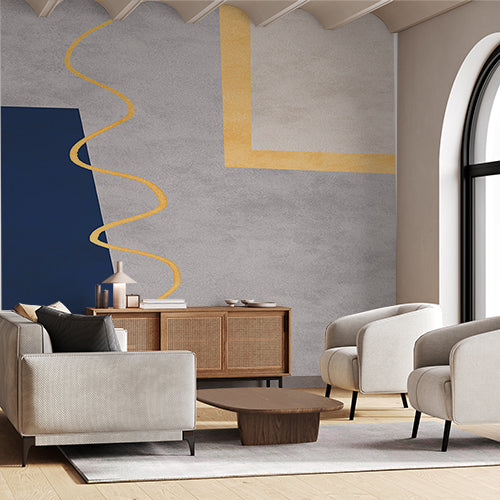 Contemporary Geometric Wallpaper with Blue and Gold Accents on Gray Background