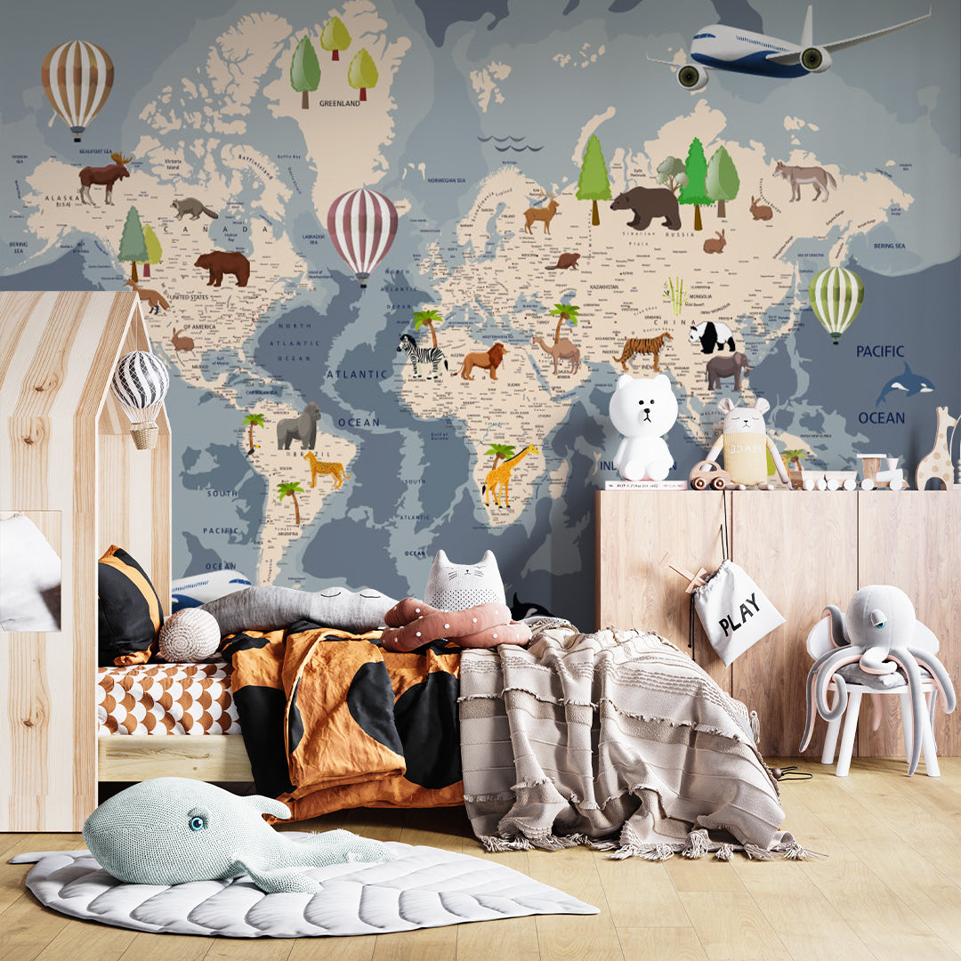 Kids World Map with Countries Wall Mural Decals Posters for Girls Boys Baby Wallpaper for Kids