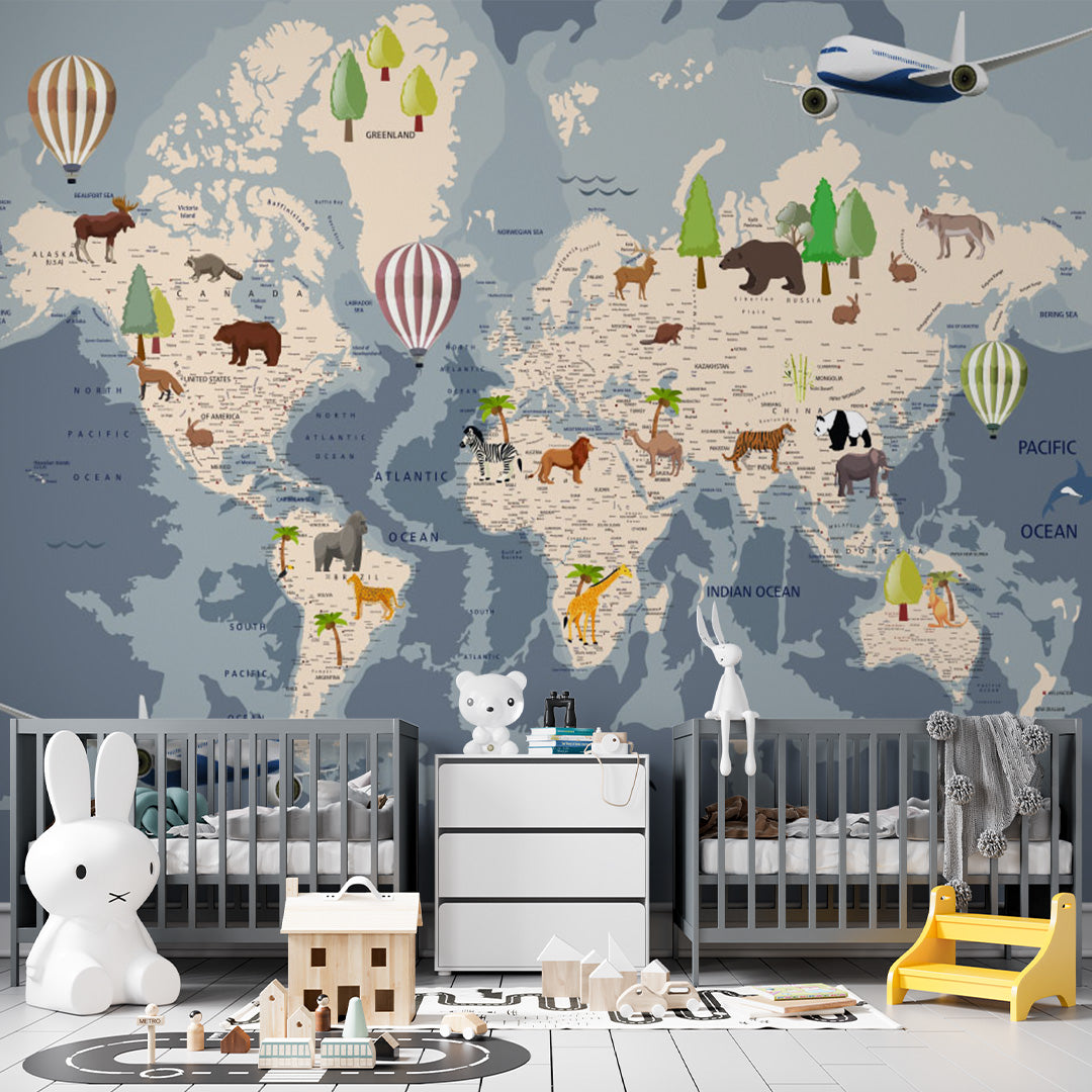 Kids World Map with Countries Wall Mural Decals Posters for Girls Boys Baby Wallpaper for Kids