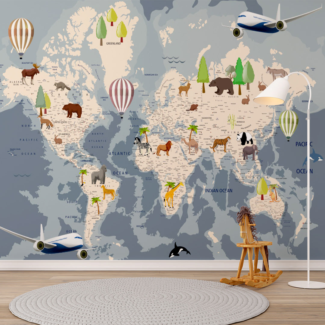 Kids World Map with Countries Wall Mural Decals Posters for Girls Boys Baby Wallpaper for Kids