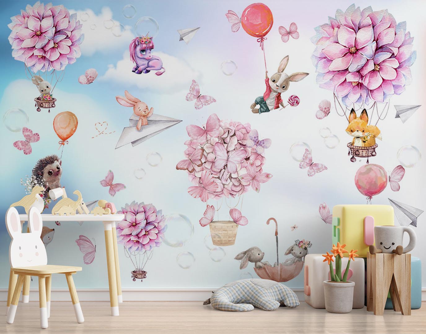 Kids Wall Mural Hortenzia Blossom Cute Animals Hot Air Balloons Wallpaper for Kids