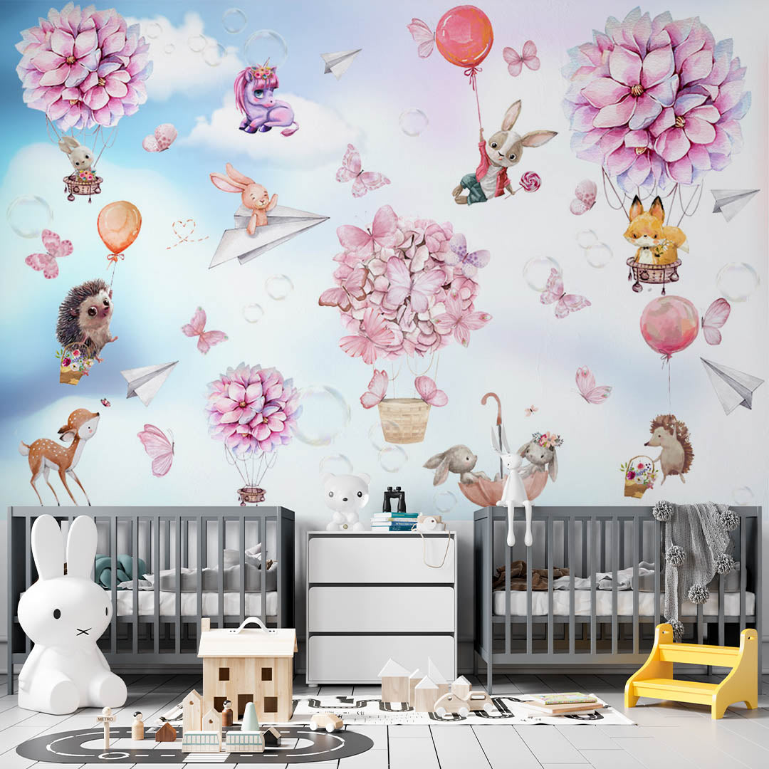 Kids Wall Mural Hortenzia Blossom Cute Animals Hot Air Balloons Wallpaper for Kids