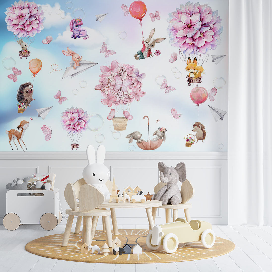 Kids Wall Mural Hortenzia Blossom Cute Animals Hot Air Balloons Wallpaper for Kids