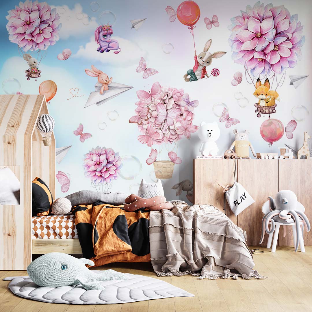 Kids Wall Mural Hortenzia Blossom Cute Animals Hot Air Balloons Wallpaper for Kids