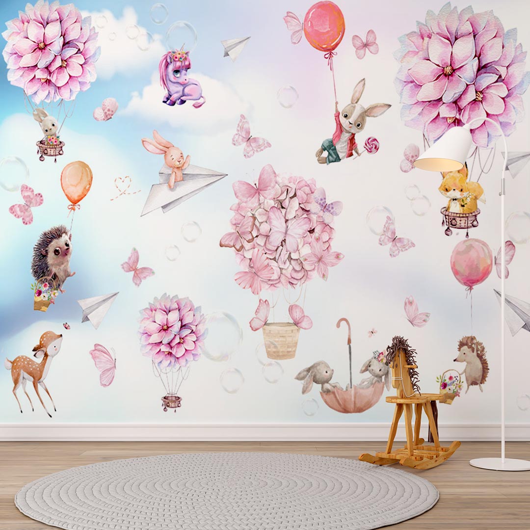 Kids Wall Mural Hortenzia Blossom Cute Animals Hot Air Balloons Wallpaper for Kids