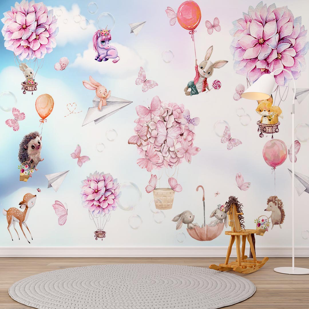 Papier peint ballons hortensias – Papier peint panoramique enfant animaux mignons pastel