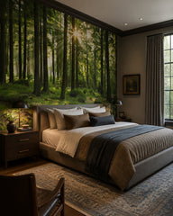 Sunny pine forest wallpaper in a designer bedroom.