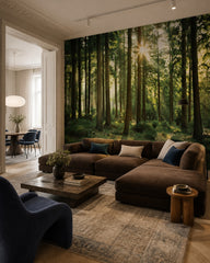 Sunny pine forest wallpaper in a designer living room.
