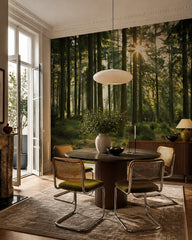 Sunny pine forest wallpaper in a refined dining area.