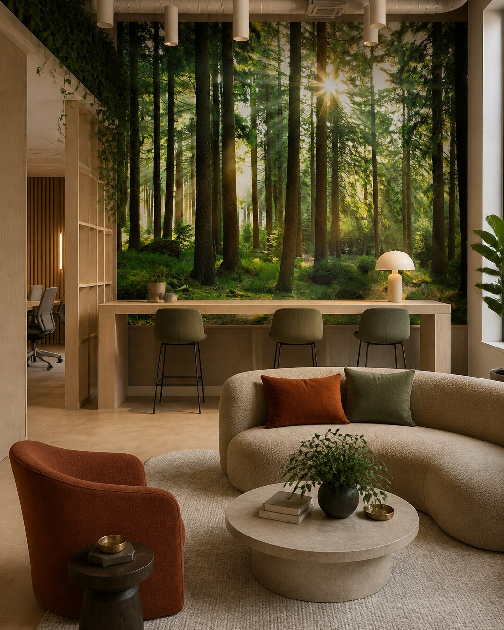 Sunny pine forest wallpaper in a creative office lounge.