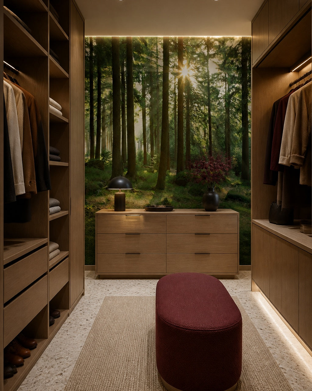 Sunny pine forest wallpaper in a walk-in wardrobe.