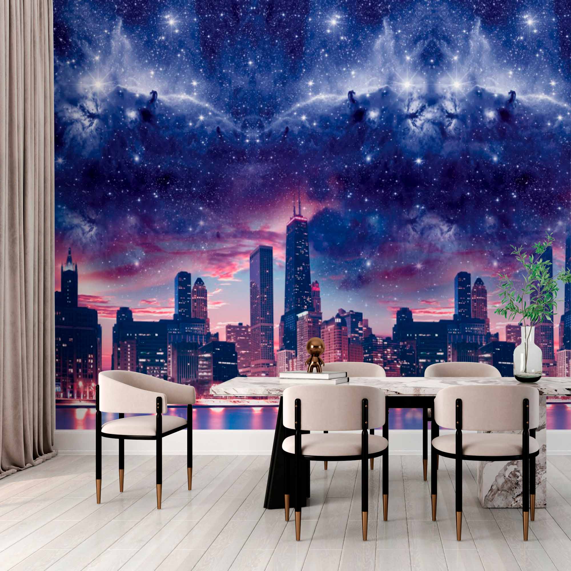 Cosmic Cityscape Wall Mural Wallpaper - Night Skyline Blended with Starry Galaxy