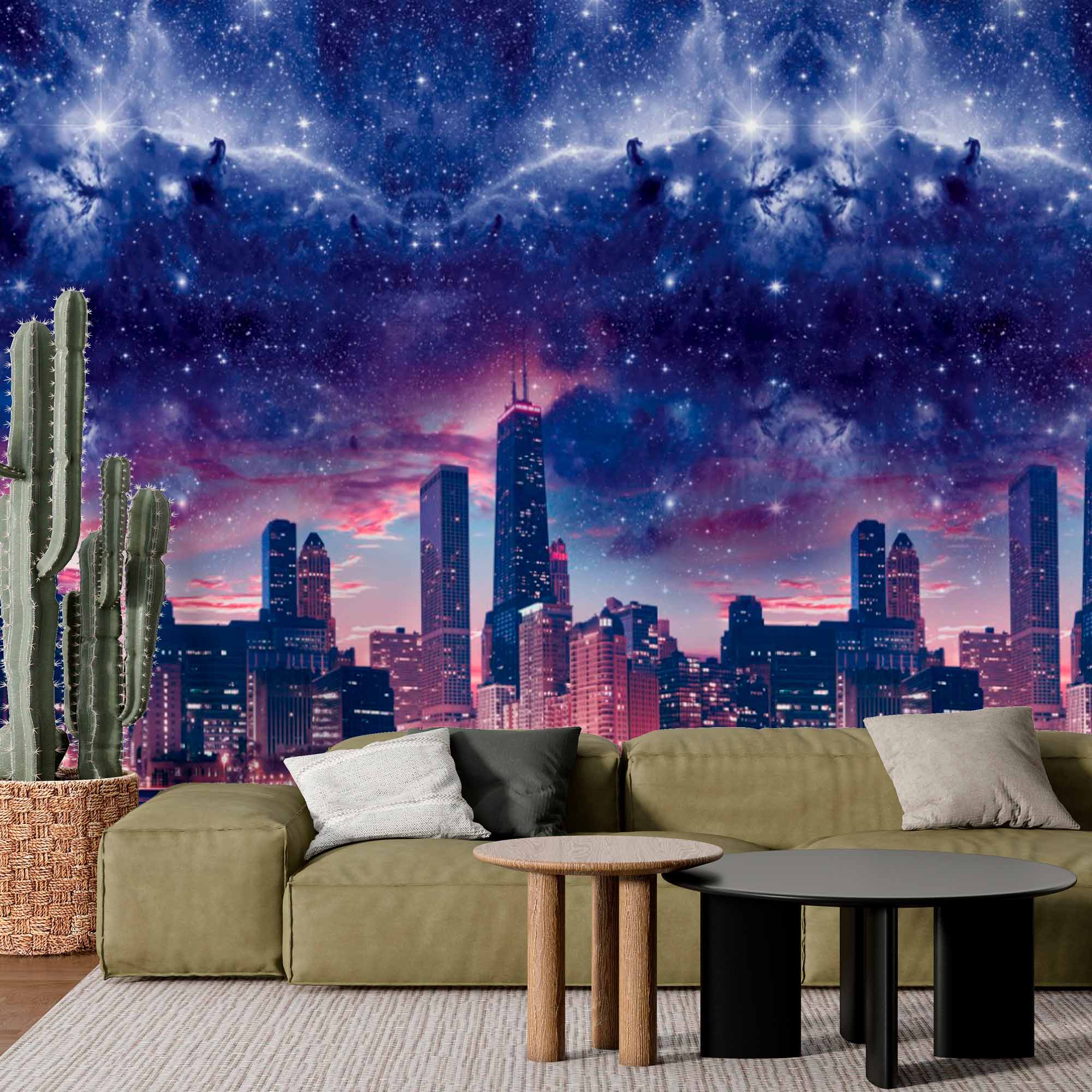 Cosmic Cityscape Wall Mural Wallpaper - Night Skyline Blended with Starry Galaxy