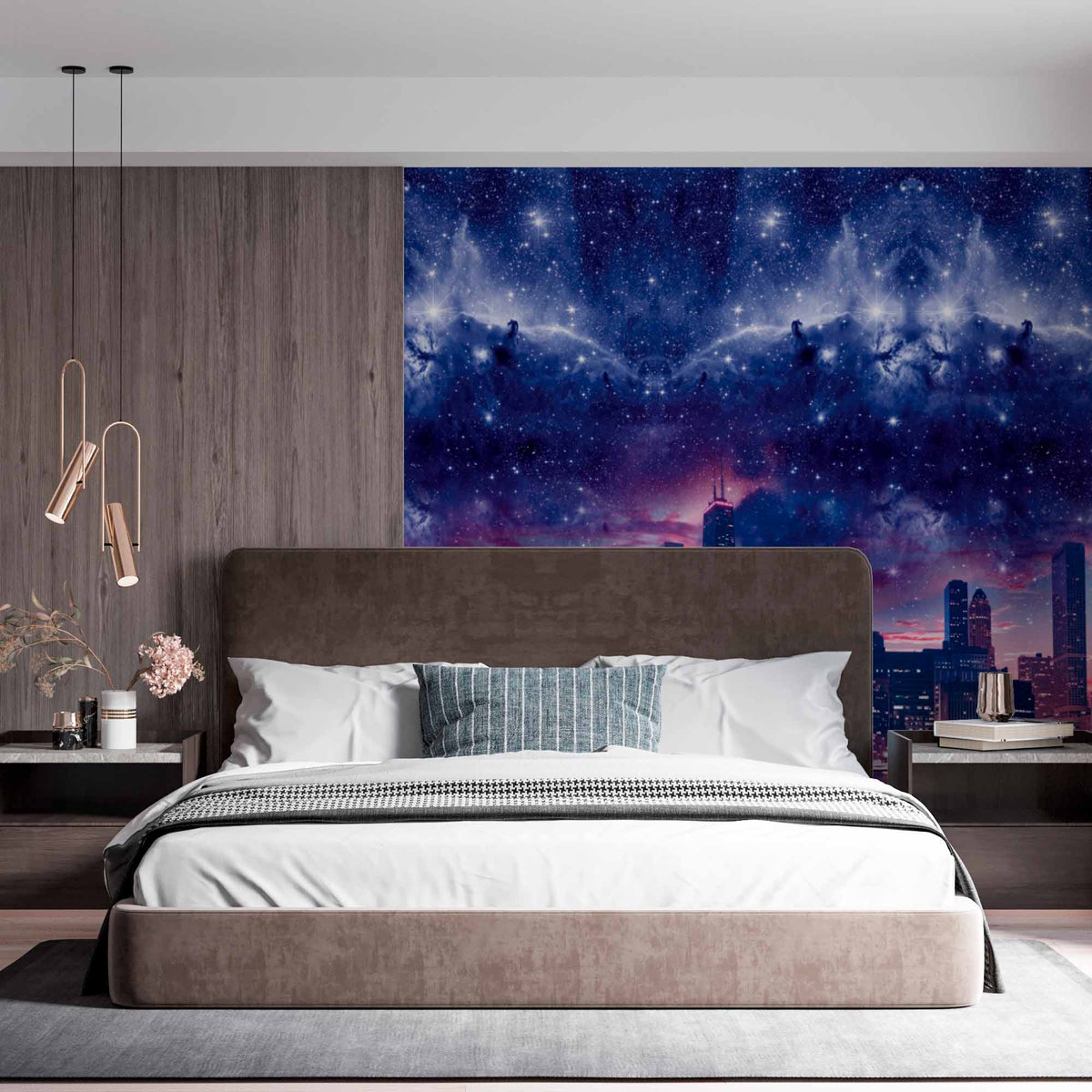 Cosmic Cityscape Wall Mural Wallpaper - Night Skyline Blended with Starry Galaxy