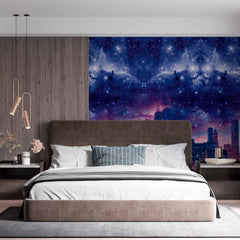 Custom Cosmic Cityscape Wall Mural Wallpaper - Night Skyline Blended with Starry Galaxy