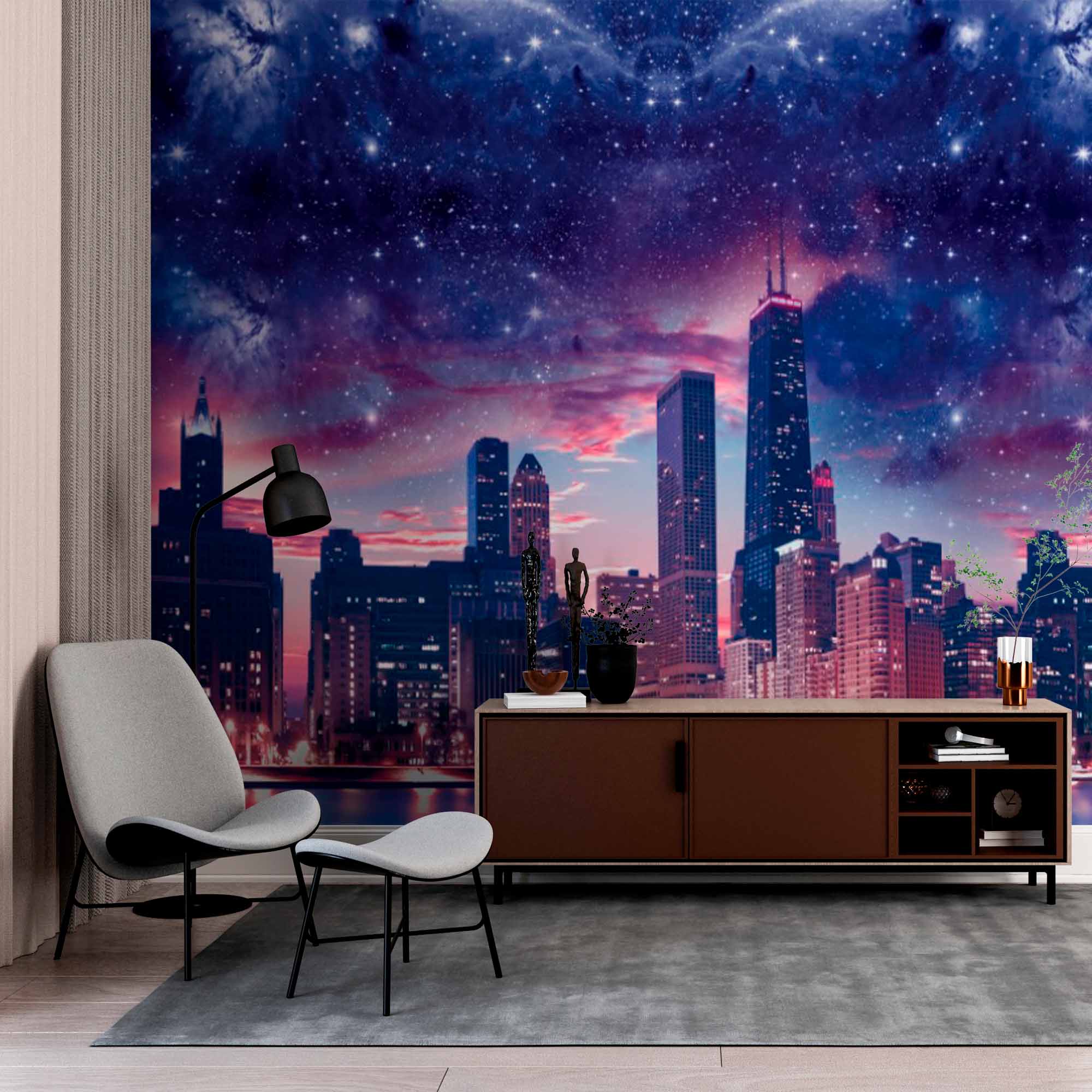 Cosmic Cityscape Wall Mural Wallpaper - Night Skyline Blended with Starry Galaxy