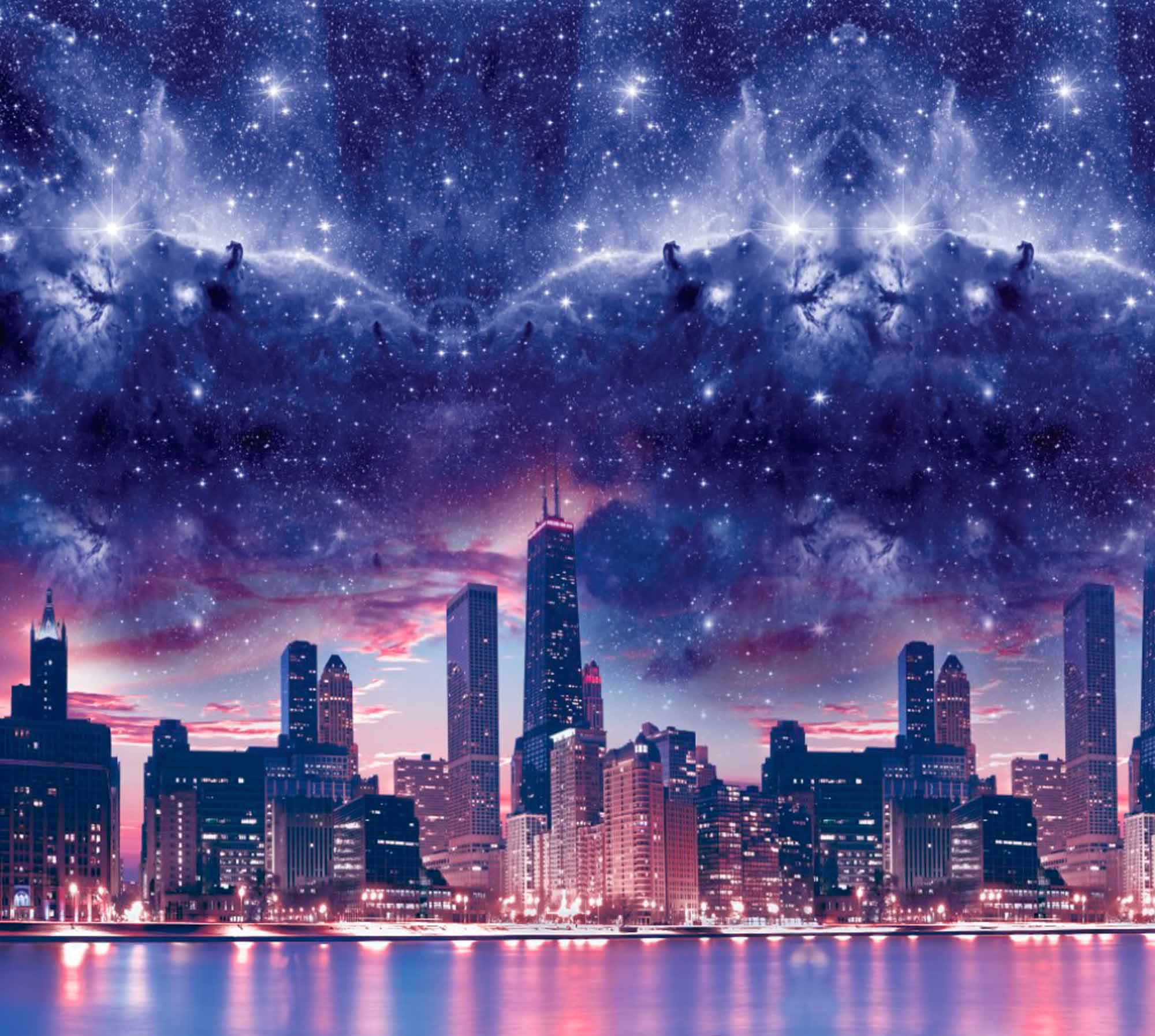 Cosmic Cityscape Wall Mural Wallpaper - Night Skyline Blended with Starry Galaxy