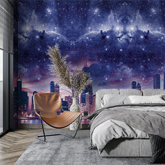 Custom Celestial Night Sky over Urban Skyline with Nebula and Stars Wallpaper Murals