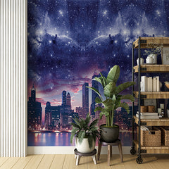 Custom Celestial Night Sky over Urban Skyline with Nebula and Stars Wallpaper Murals