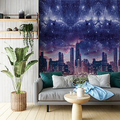 Custom Celestial Night Sky over Urban Skyline with Nebula and Stars Wallpaper Murals