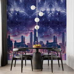 Custom Celestial Night Sky over Urban Skyline with Nebula and Stars Wallpaper Murals