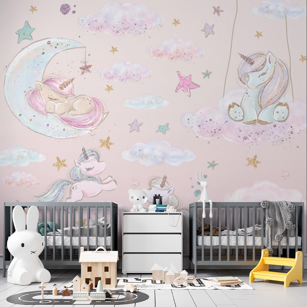 Kids Wall Mural Fairytale Unicorns Pony and Stars Pink Girl Nursery Wallpaper