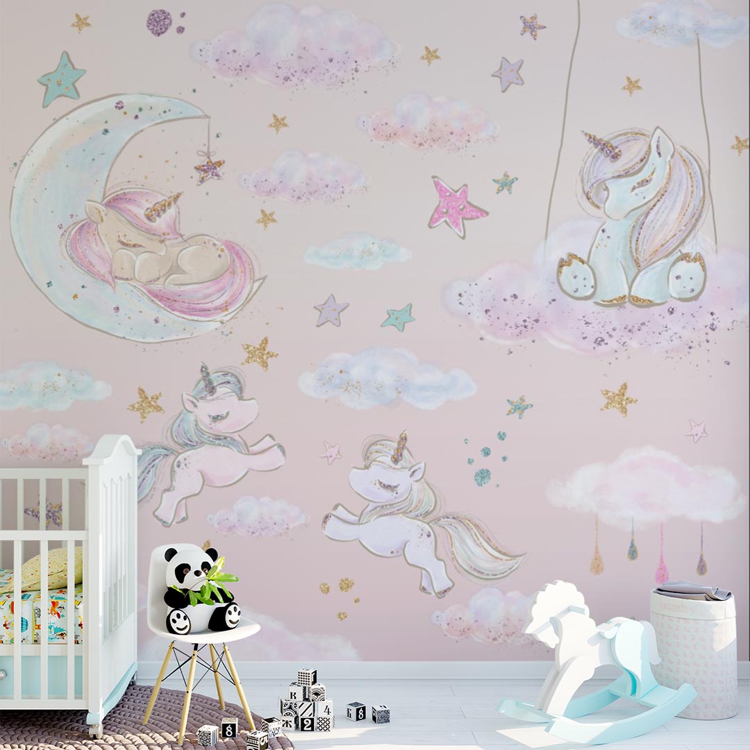 Kids Wall Mural Fairytale Unicorns Pony and Stars Pink Girl Nursery Wallpaper