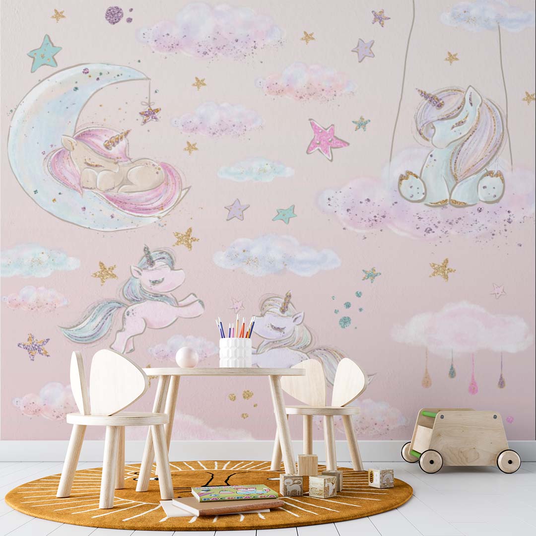 Kids Wall Mural Fairytale Unicorns Pony and Stars Pink Girl Nursery Wallpaper