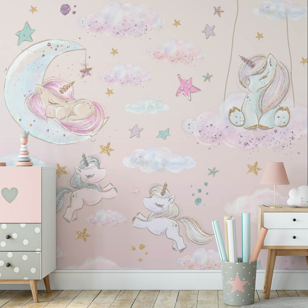 Kids Wall Mural Fairytale Unicorns Pony and Stars Pink Girl Nursery Wallpaper