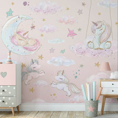 Custom Kids Wall Mural Fairytale Unicorns Pony and Stars Pink Girl Nursery Wallpaper