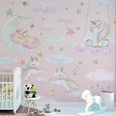 Custom Kids Wall Mural Fairytale Unicorns Pony and Stars Pink Girl Nursery Wallpaper