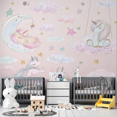 Custom Kids Wall Mural Fairytale Unicorns Pony and Stars Pink Girl Nursery Wallpaper