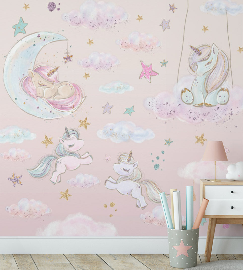 Kids Wall Mural Fairytale Unicorns Pony and Stars Pink Girl Nursery Wallpaper