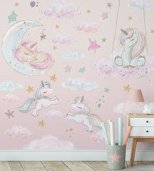 Custom Kids Wall Mural Fairytale Unicorns Pony and Stars Pink Girl Nursery Wallpaper