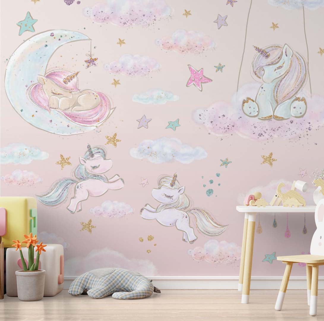 Custom Kids Wall Mural Fairytale Unicorns Pony and Stars Pink Girl Nursery Wallpaper