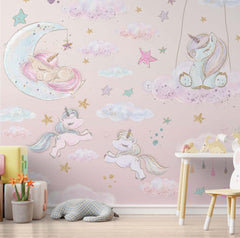 Custom Kids Wall Mural Fairytale Unicorns Pony and Stars Pink Girl Nursery Wallpaper