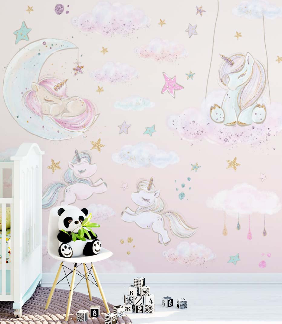 Kids Wall Mural Fairytale Unicorns Pony and Stars Pink Girl Nursery Wallpaper