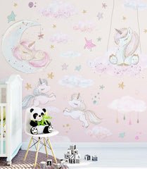 Custom Kids Wall Mural Fairytale Unicorns Pony and Stars Pink Girl Nursery Wallpaper