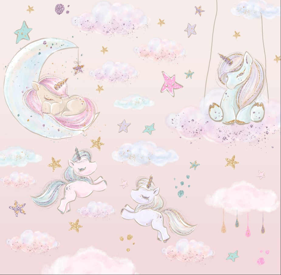 Papier peint licornes et étoiles – Papier peint panoramique rose pour chambre de bébé fille