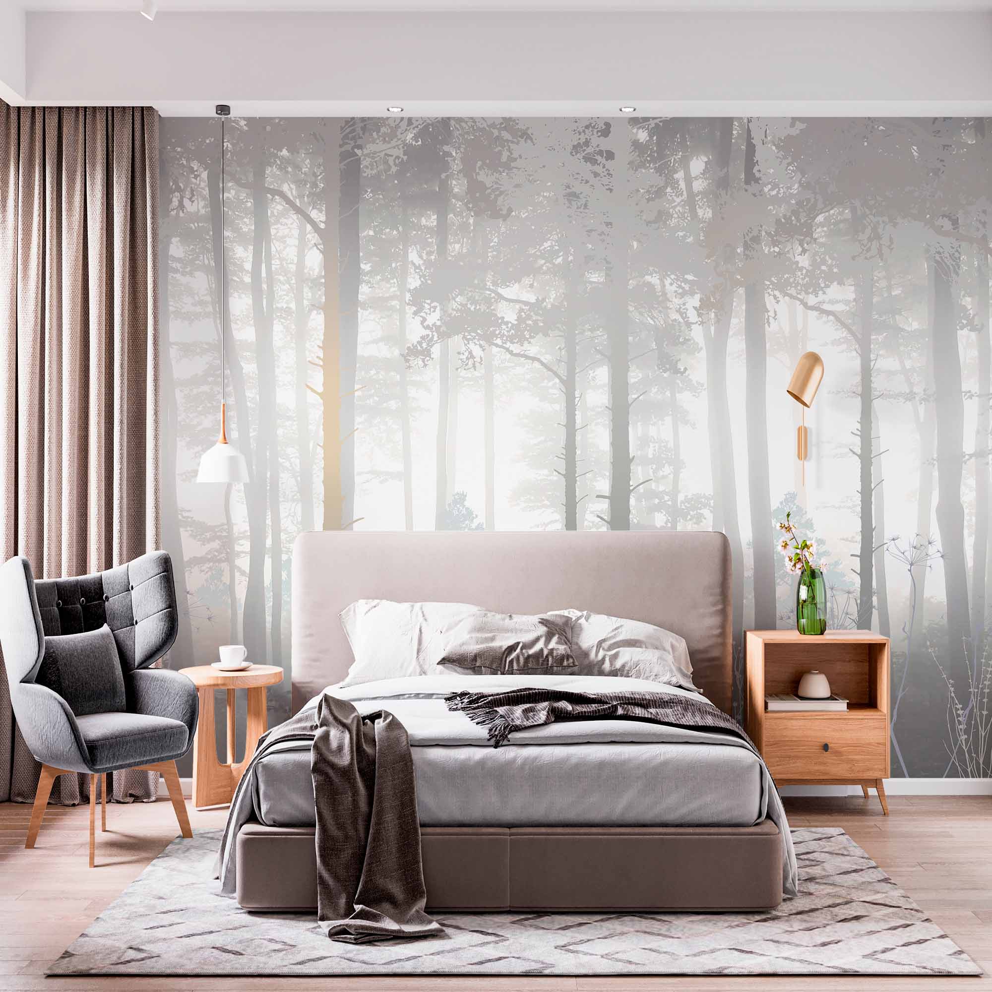 Tranquil Misty Forest Wall Mural Wallpaper - Soft and Serene Woodland Design