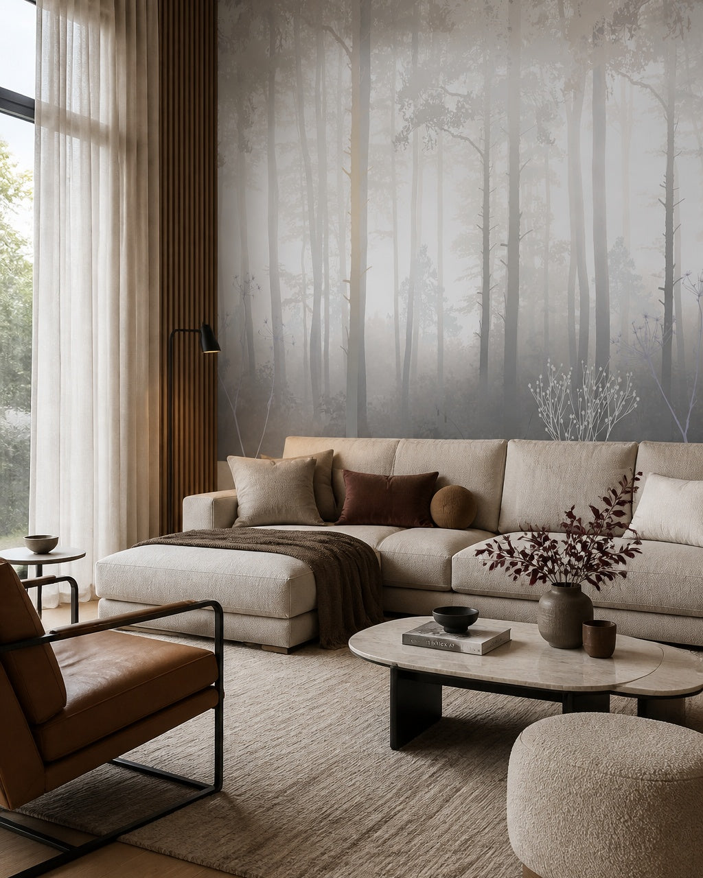Pale misty forest wallpaper in a designer living room.