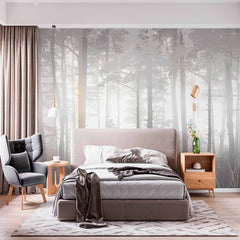 Custom Tranquil Misty Forest Wall Mural Wallpaper - Soft and Serene Woodland Design