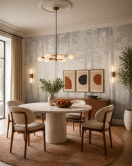 Pale misty forest wallpaper in a refined dining area.