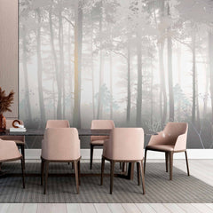 Custom Tranquil Misty Forest Wall Mural Wallpaper - Soft and Serene Woodland Design