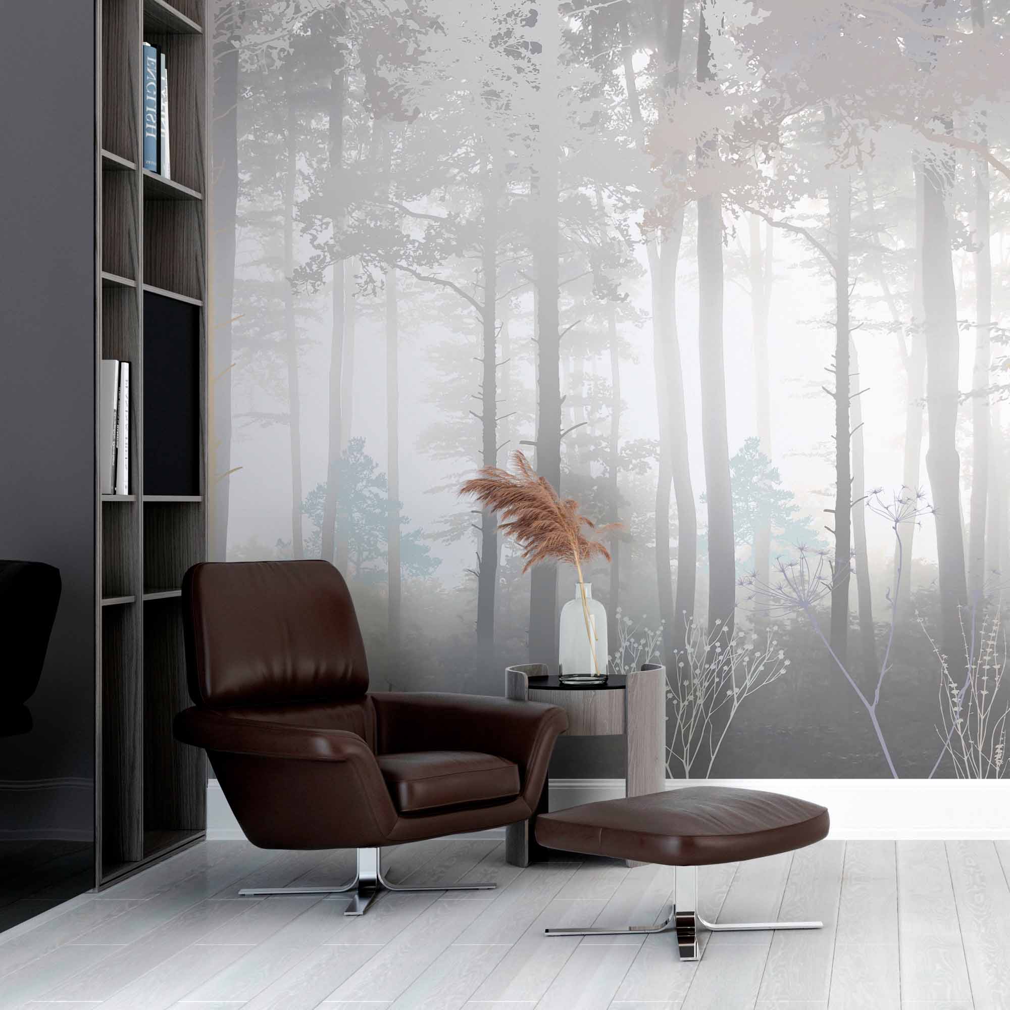 Tranquil Misty Forest Wall Mural Wallpaper - Soft and Serene Woodland Design