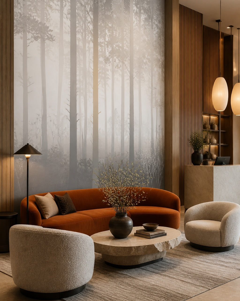 Pale misty forest wallpaper in a boutique hotel lobby.
