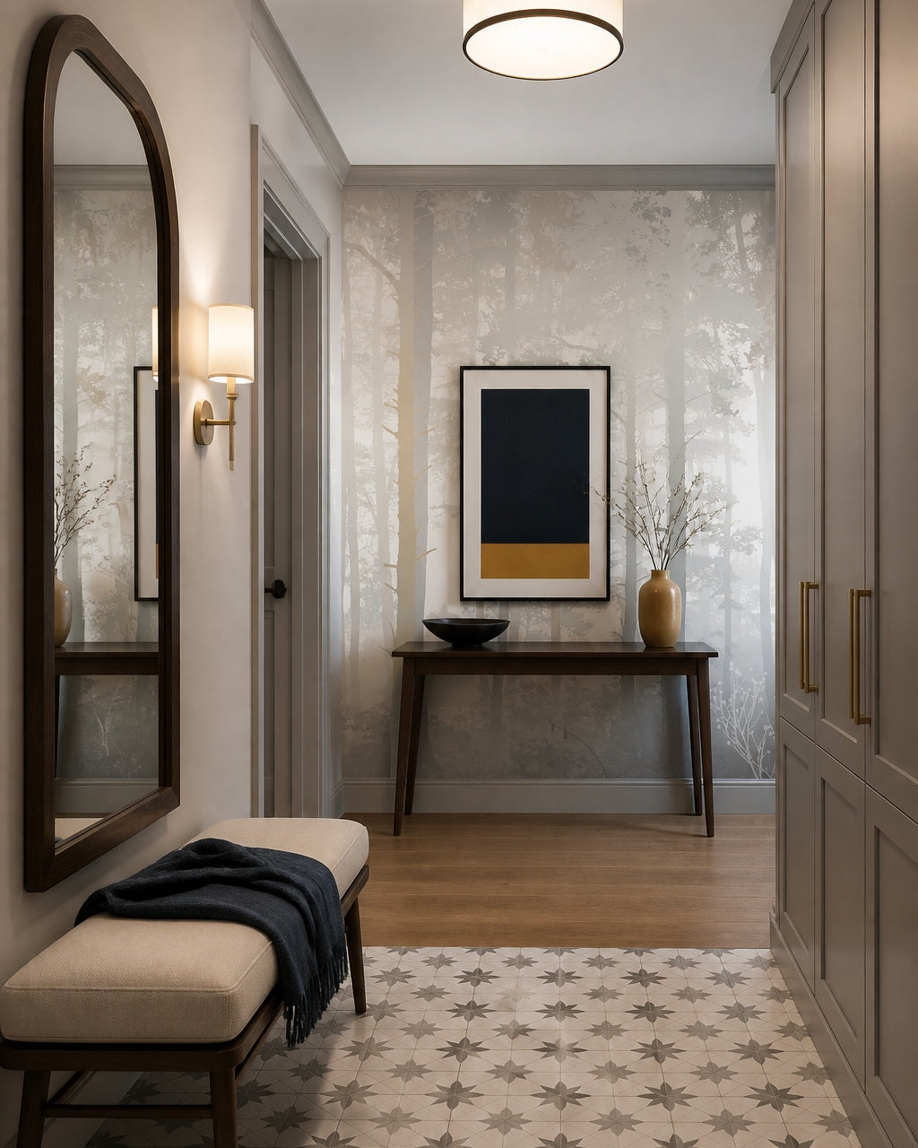 Pale misty forest wallpaper in an architectural hallway.