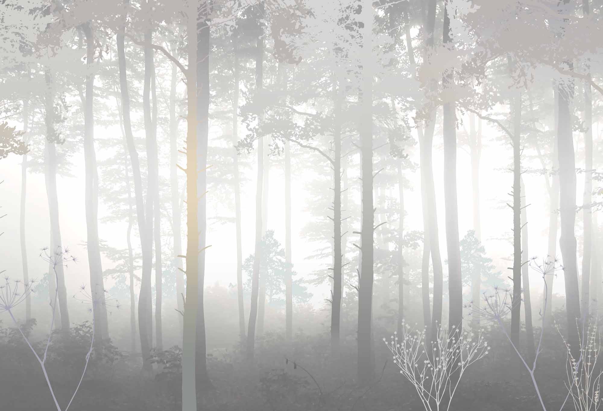 Tranquil Misty Forest Wall Mural Wallpaper - Soft and Serene Woodland Design