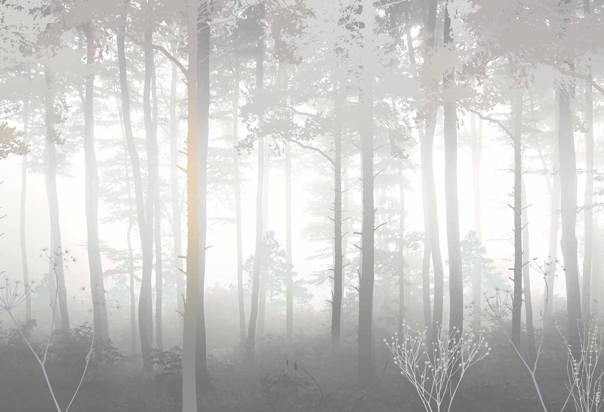 Papier peint forêt brumeuse pâle – Papier peint panoramique sous-bois serein