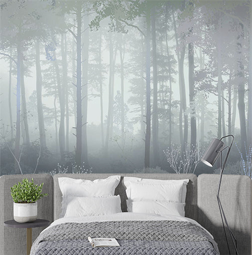 Tranquil Misty Forest Wall Mural Wallpaper - Serene and Ethereal Nature Scene